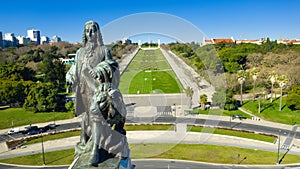 Drone photo of Marques do Pombal square and Eduardo VII Park, Lisbon, Portugal