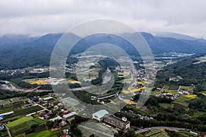 Drone photo - Mountains, fields, and villages of rural Gunma Prefecture. Japan