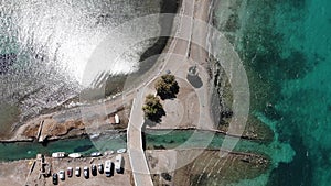 Old mills in Elounda, Crete from above. Panoramic view with drone photo