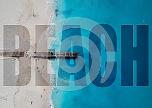 Drone photo of pier in Grace Bay, Providenciales, Turks and Caicos. Text overlay says beach