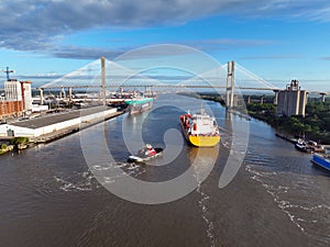 Drone photo of Savannah River. Near the Talmadge Memorial Bridge.