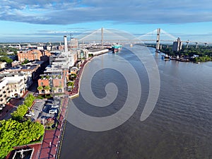 Drone photo of Savannah River. Near the Talmadge Memorial Bridge.