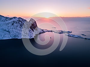 Drone photo - Sunrise over the mountains of the Lofoten Islands. Reine, Norway