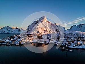 Drone photo - Sunrise over the mountains of the Lofoten Islands. Reine, Norway