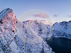Drone photo - Sunrise over the mountains of the Lofoten Islands. Reine, Norway