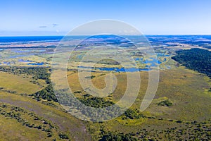 Aerial view of iSimangaliso Wetland Park. Maputaland, an area of KwaZulu-Natal on the east coast of South Africa.