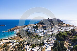 Drone photography from the ancient greek town Lindos, Rhodes island, Greece