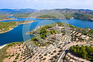 Drone photography. Gadoura reservoir on Rhodes island. Panorama view of a beautiful natural landscape.