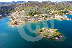 Drone photography. Gadoura reservoir on Rhodes island. Panorama view of a beautiful natural landscape.