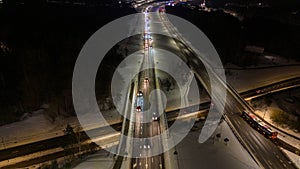 Drone photography of high intensity roadway during winter night