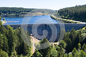 Drone photograpy of the view of the dam wall from the Hydroelectric Plant. Schluchsee, Black Forest, Germany.