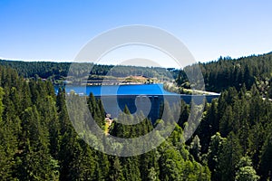 Drone photograpy of the view of the dam wall from the Hydroelectric Plant. Schluchsee, Black Forest, Germany.