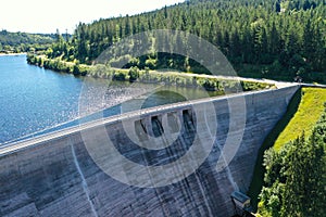 Drone photograpy of the view of the dam wall from the Hydroelectric Plant. Schluchsee, Black Forest, Germany.