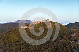 Drone picture from a beautiful ancient castle Szigliget in Hungary