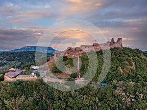 Drone picture from a beautiful ancient castle Szigliget in Hungary