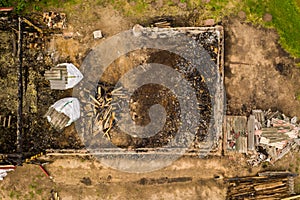 Drone point of view of burned down house