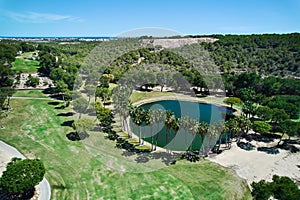 Drone point of view golf course on tropical nature