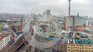 Drone point of view on Hackescher Markt station (CURVED LINE OF RAILWAY PATH) IN Berlin photo