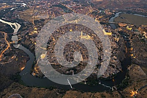 Drone point of view old town of Toledo at dusk. Spain