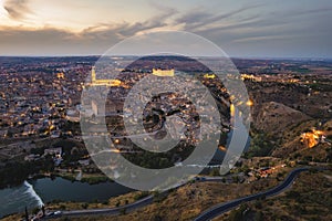 Drone point of view old town of Toledo at dusk. Spain