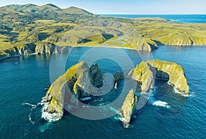 Drone point of view of an Unnamed bay on island of Shikotan, Kuril Islands