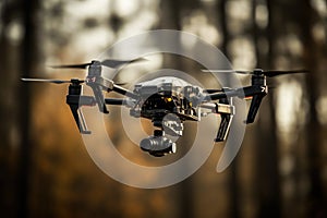 The drone with the professional camera takes pictures in the forest. Uav drone copter flying with digital camera