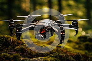 The drone with the professional camera takes pictures in the forest. Uav drone copter flying with digital camera