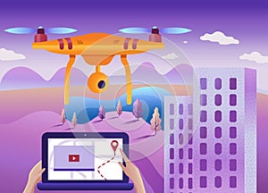 Drone or quadcopter with camera 3d scanning land. Vector illustration. Drone fly over the landscape and make a geological mapping