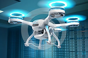 Drone quadcopter with digital camera flight over the city. Generative AI