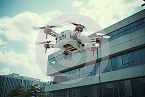 Drone quadcopter with digital camera flight over the city. Generative AI