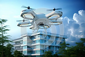 Drone quadcopter with digital camera flight over the city. Generative AI