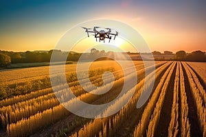 Drone quadcopter with digital camera flying in the air over agricultural field at sunset