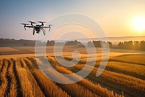 Drone quadcopter with digital camera flying in the air over agricultural field at sunset