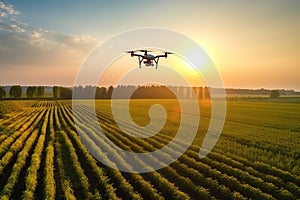 Drone quadcopter with digital camera flying in the air over agricultural field at sunset