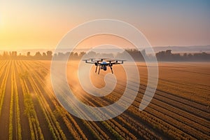 Drone quadcopter with digital camera flying in the air over agricultural field at sunset