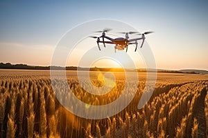 Drone quadcopter with digital camera flying in the air over agricultural field at sunset