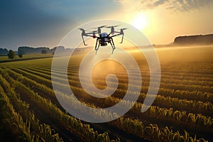 Drone quadcopter with digital camera flying in the air over agricultural field at sunset