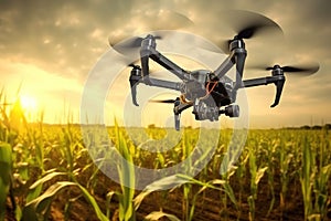 Drone quadcopter with digital camera flying in the air over agricultural field at sunset