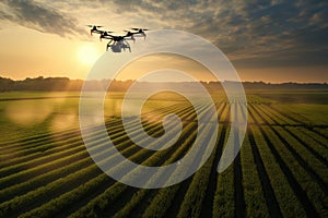 Drone quadcopter with digital camera flying over agricultural field at sunset, Drone analyzing farmers