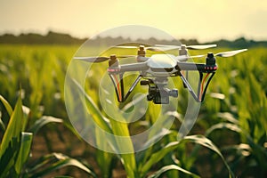 Drone quadcopter with digital camera flying over corn field, Agriculture Drone Monitoring Green Corn Field, AI Generated