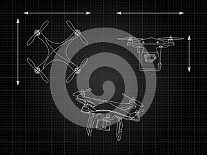 Drone, quadcopter drawing. Industrial drawing. Control panel. Front view, top view. Vector illustration.