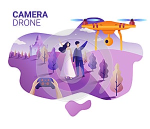 Drone or quadcopter for events. Vector illustration of landing page template. Drone fly over the wedding location and makes a