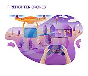 Drone or quadcopter for fire service. Vector illustration of landing page template. Drone fly over the landscape and