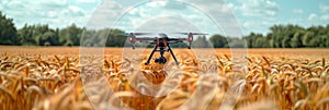 drone, quadcopter flies over wheat field, current technologies, banner