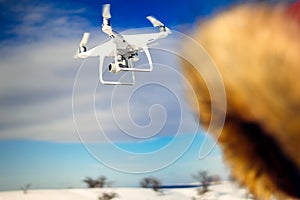 Drone quadcopter flying with high resolution digital camera. Uav operator details