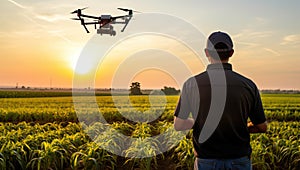 Drone quadcopter flying over the corn field at sunset