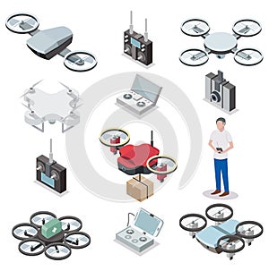 Drone quadcopter vector isometric icon set