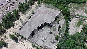 Drone quadrocopter explores an abandoned industrial building.