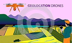 Drone or quadrocopter for geolocation. A drone flies over the landscape and searches for and surveys the earth.