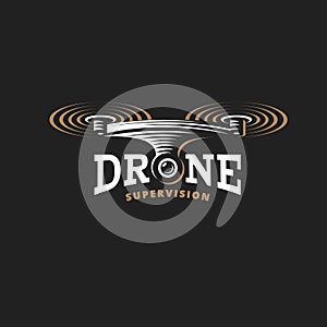 Drone quadrocopter logo design template, emblem on dark background